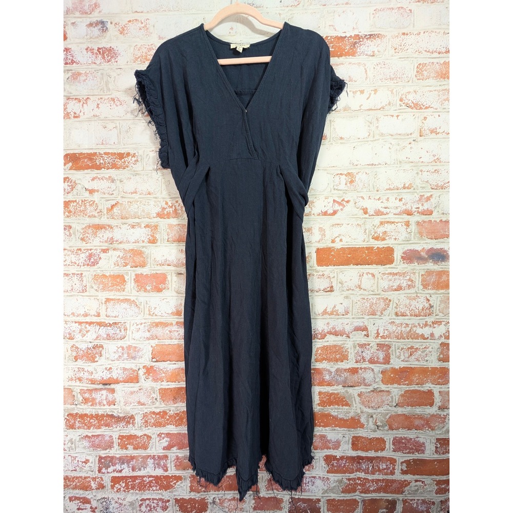 Umgee Midi Dress Womens Small Navy Blue Frayed Raw Edge Boho V-Neck